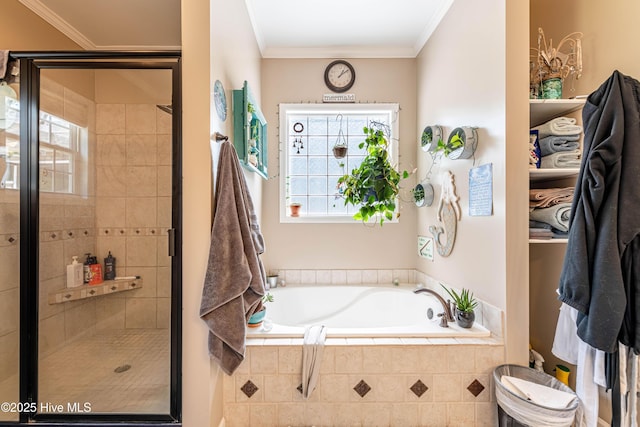 220 Everett Yopp Dr, Sneads Ferry, NC 28460 - full bath featuring a bath, a stall shower, and crown molding