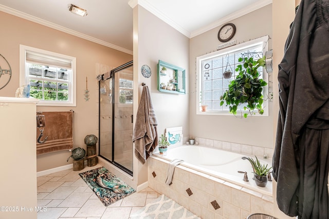 220 Everett Yopp Dr, Sneads Ferry, NC 28460 - bathroom with healthy amount of natural light, a bath, a stall shower, and ornamental molding