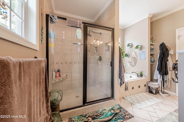 220 Everett Yopp Dr, Sneads Ferry, NC 28460 - full bathroom featuring a stall shower, crown molding, and tiled tub