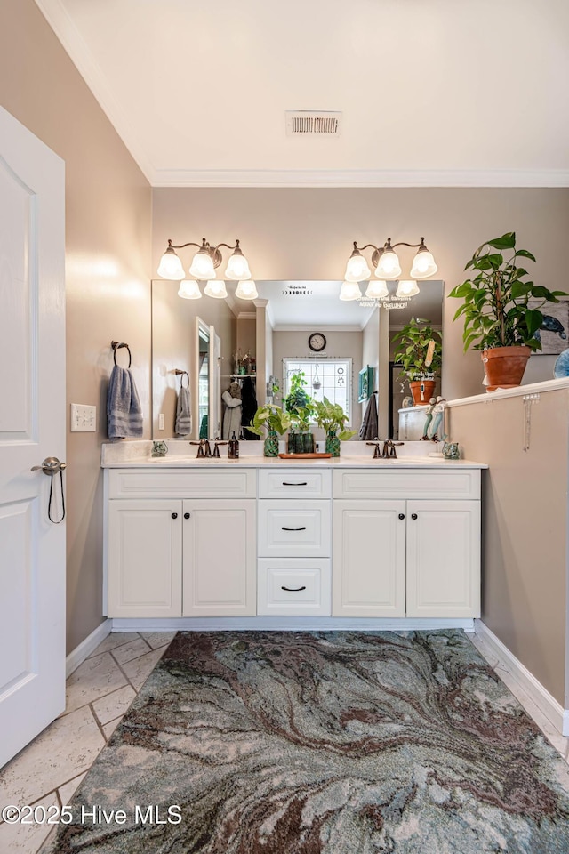 220 Everett Yopp Dr, Sneads Ferry, NC 28460 - bathroom featuring ornamental molding, double vanity, and stone tile floors