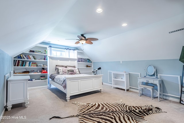 220 Everett Yopp Dr, Sneads Ferry, NC 28460 - bedroom featuring lofted ceiling, light colored carpet, ceiling fan, and recessed lighting