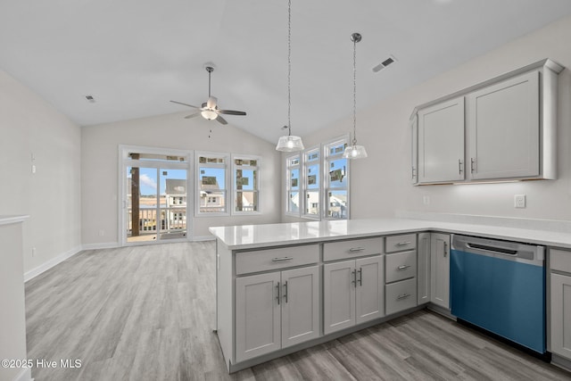 kitchen with kitchen peninsula, stainless steel dishwasher, light hardwood / wood-style floors, gray cabinetry, and ceiling fan