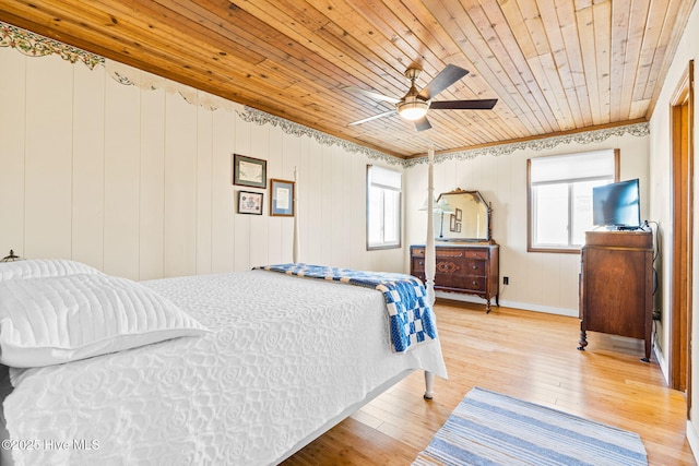 27 Newport St, Ocean Isle Beach, NC 28469 - bedroom featuring wood ceiling, light wood-style floors, baseboards, and ceiling fan