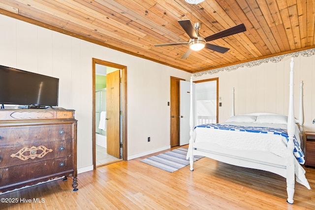 bedroom with ceiling fan, light hardwood / wood-style flooring, connected bathroom, and wooden ceiling