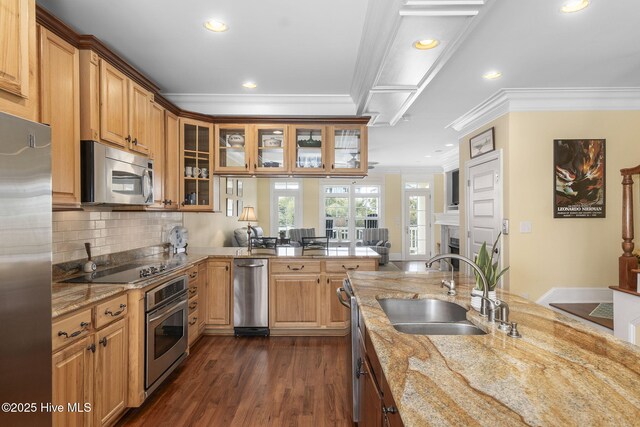 116 Salter Path Rd Unit 102Seabrook, Pine Knoll Shores, NC 28512 - kitchen with appliances with stainless steel finishes, a sink, crown molding, light stone countertops, and recessed lighting