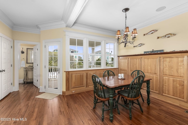 116 Salter Path Rd Unit 102Seabrook, Pine Knoll Shores, NC 28512 - dining space with a chandelier, plenty of natural light, ornamental molding, wood finished floors, and beam ceiling