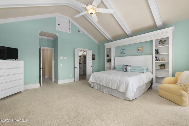 116 Salter Path Rd Unit 102Seabrook, Pine Knoll Shores, NC 28512 - bedroom featuring light carpet, high vaulted ceiling, beam ceiling, a ceiling fan, and baseboards