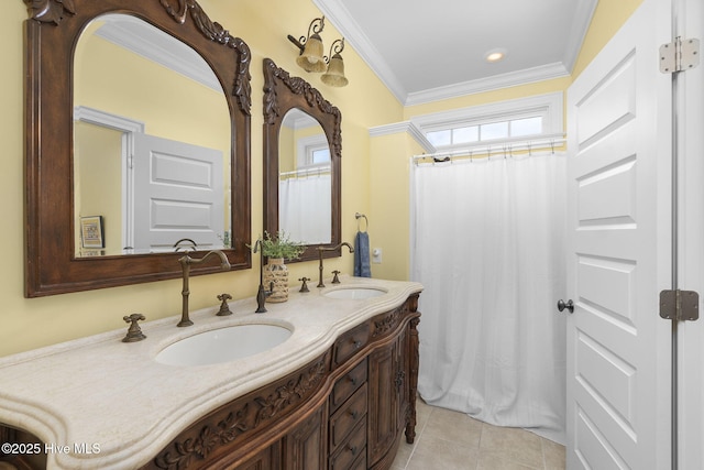 116 Salter Path Rd Unit 102Seabrook, Pine Knoll Shores, NC 28512 - bathroom featuring tile patterned floors, crown molding, and double vanity