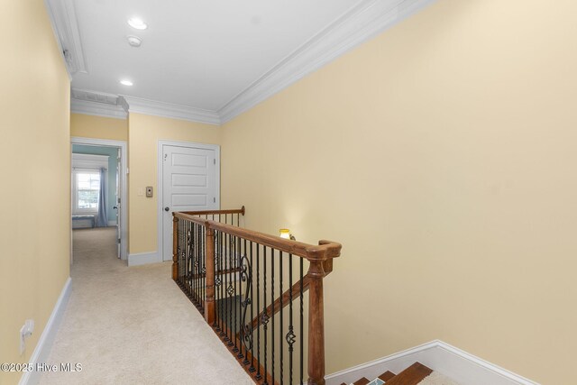 116 Salter Path Rd Unit 102Seabrook, Pine Knoll Shores, NC 28512 - hallway featuring an upstairs landing, ornamental molding, baseboards, light carpet, and recessed lighting