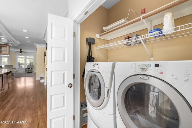 116 Salter Path Rd Unit 102Seabrook, Pine Knoll Shores, NC 28512 - laundry room featuring washing machine and dryer, wood finished floors, ceiling fan, recessed lighting, and crown molding