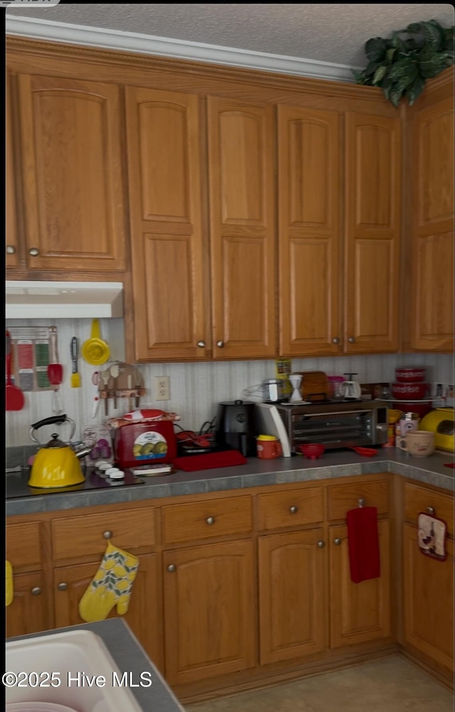 kitchen featuring brown cabinets and under cabinet range hood