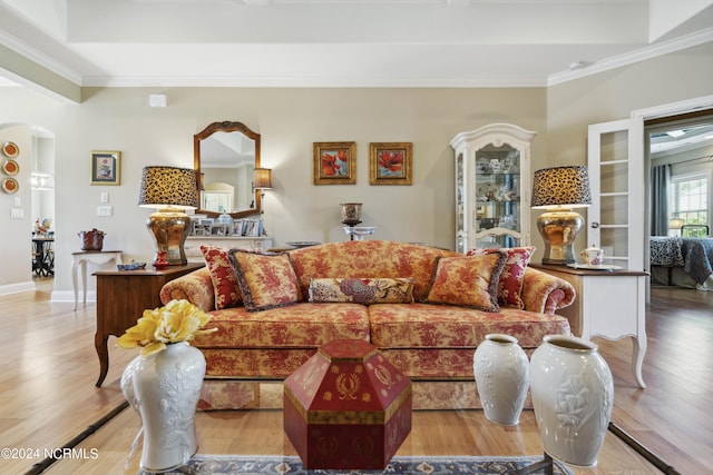 living room with crown molding and light wood-type flooring