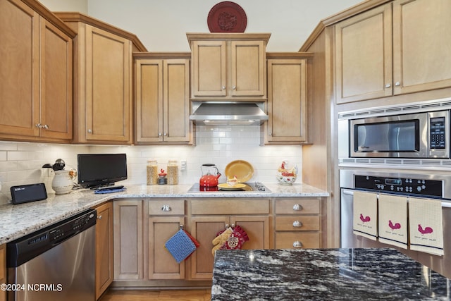 kitchen featuring light stone countertops, stainless steel appliances, tasteful backsplash, and exhaust hood