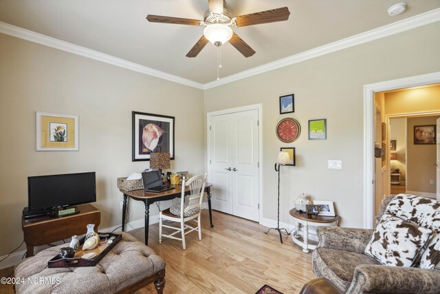 office with ceiling fan, light hardwood / wood-style floors, and crown molding