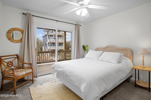 carpeted bedroom with access to exterior and ceiling fan