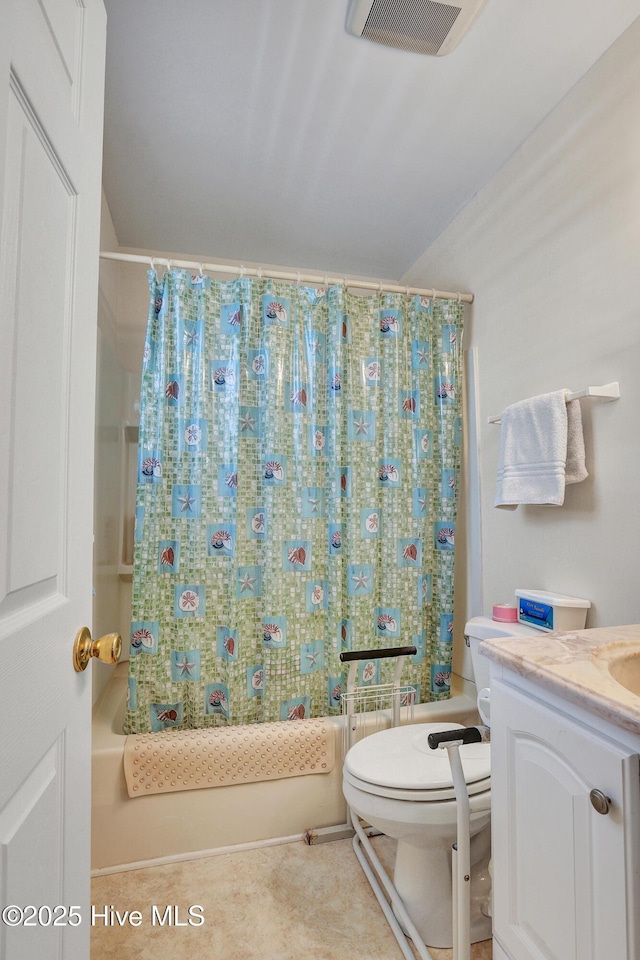 full bath with visible vents, toilet, shower / bath combo with shower curtain, tile patterned floors, and vanity