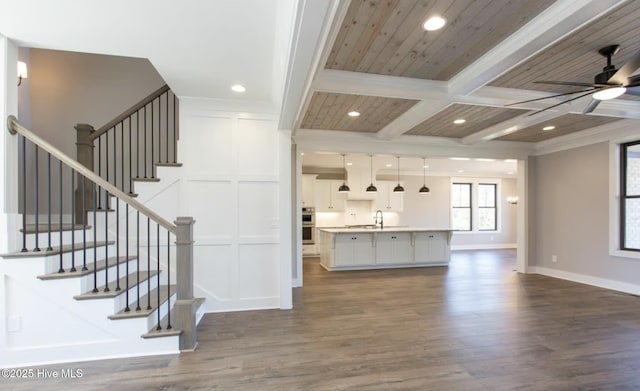 interior space with beam ceiling, ceiling fan, sink, coffered ceiling, and dark hardwood / wood-style flooring