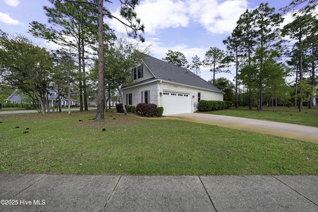 view of side of home featuring a garage, a lawn, concrete driveway, and roof with shingles