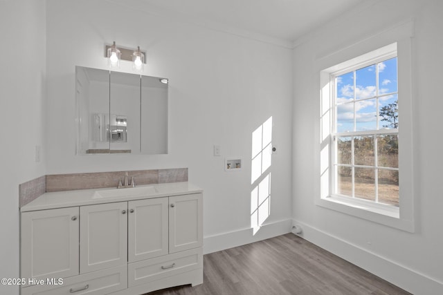 bathroom with ornamental molding, vanity, and hardwood / wood-style floors