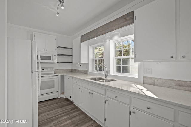 kitchen with white appliances, rail lighting, dark hardwood / wood-style flooring, white cabinets, and sink