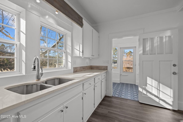 kitchen featuring sink, white cabinets, crown molding, and dark hardwood / wood-style flooring