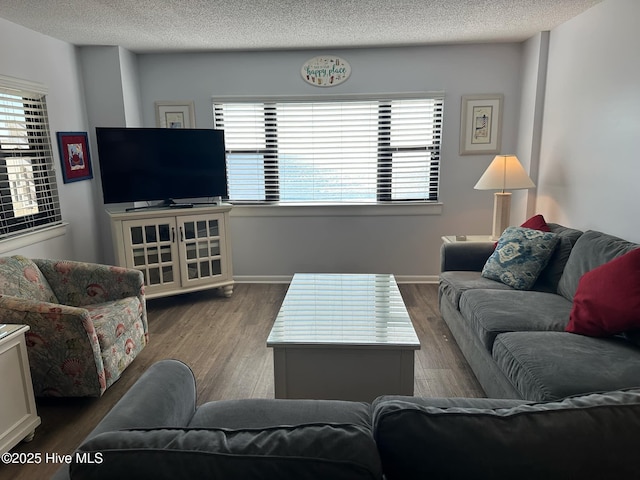 living room with dark hardwood / wood-style floors and a textured ceiling