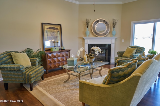 living room with dark hardwood / wood-style flooring, ornamental molding, and a fireplace