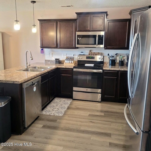 kitchen featuring sink, hanging light fixtures, light wood-type flooring, kitchen peninsula, and stainless steel appliances