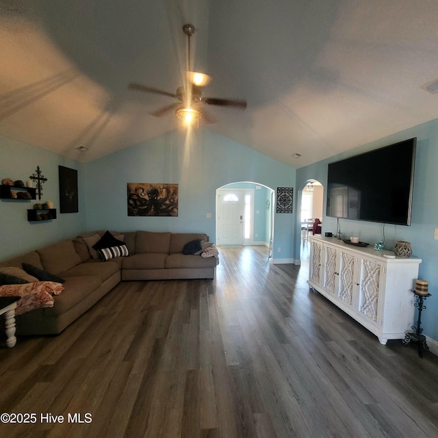 living room with vaulted ceiling, wood-type flooring, and ceiling fan