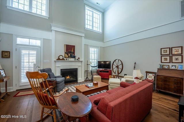 living area with a wealth of natural light, a glass covered fireplace, dark wood-type flooring, and ornamental molding