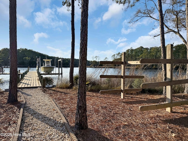 view of yard with a boat dock and a water view