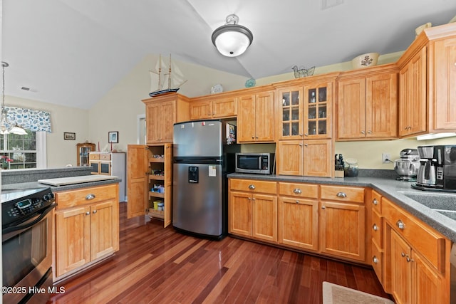 kitchen with dark hardwood / wood-style flooring, decorative light fixtures, lofted ceiling, and appliances with stainless steel finishes