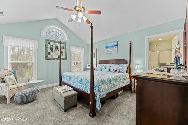 bedroom with ceiling fan, light colored carpet, and vaulted ceiling