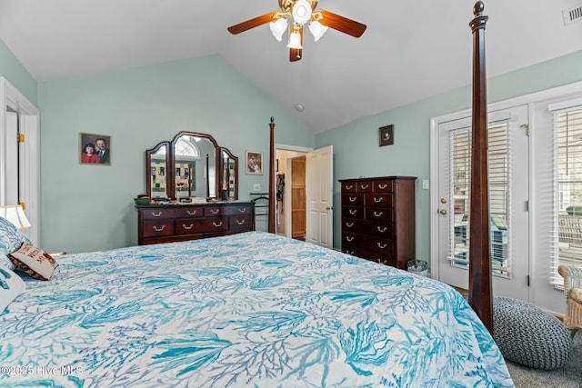 bedroom featuring ceiling fan and lofted ceiling