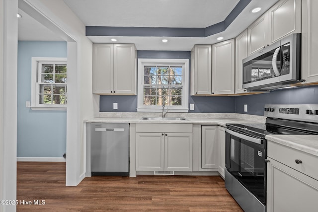 kitchen featuring dark hardwood / wood-style flooring, white cabinetry, sink, and stainless steel appliances