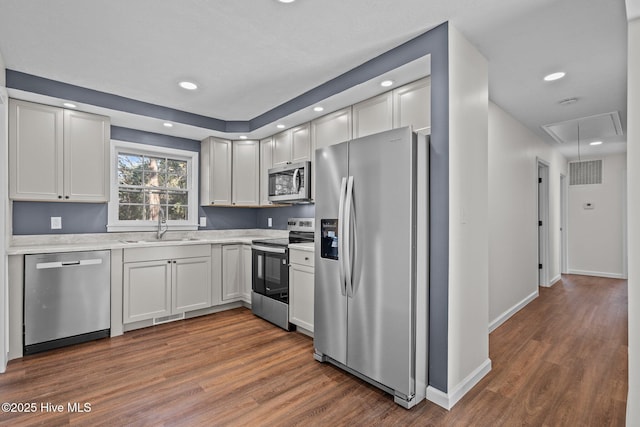 kitchen with sink, white cabinets, dark hardwood / wood-style floors, and appliances with stainless steel finishes