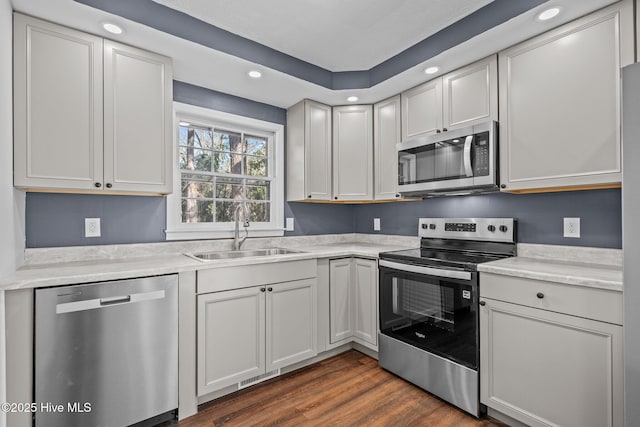 kitchen featuring white cabinets, dark hardwood / wood-style flooring, sink, and stainless steel appliances