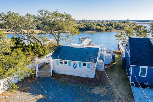 aerial view featuring a water view