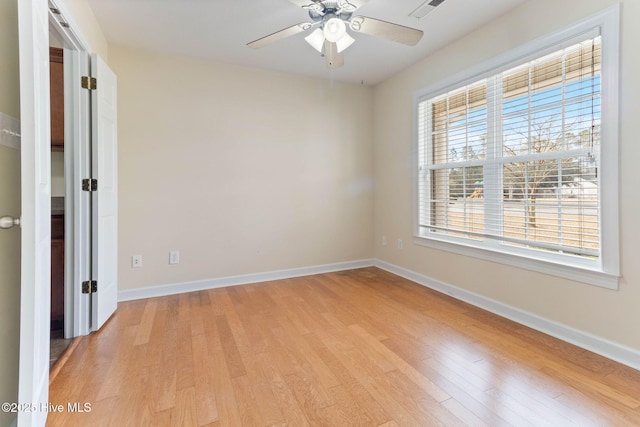 spare room featuring ceiling fan and light hardwood / wood-style floors