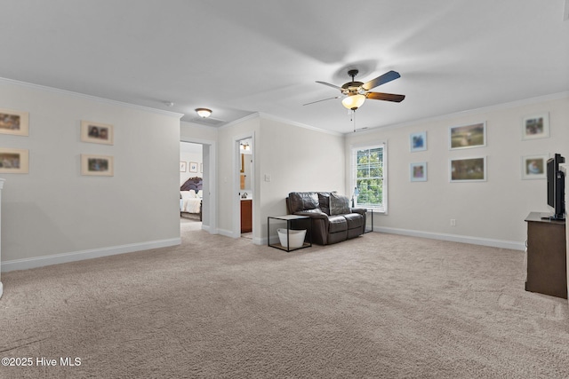 living room with light carpet, ceiling fan, and ornamental molding