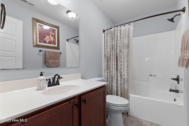 full bathroom with vanity, toilet, and shower / tub combo with curtain