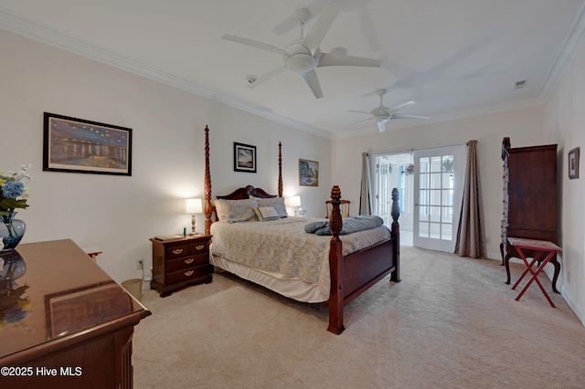 bedroom featuring light carpet, ceiling fan, and ornamental molding