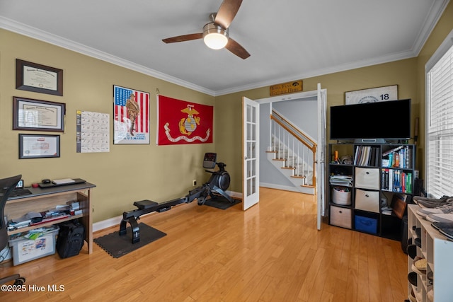 workout area with hardwood / wood-style floors, ceiling fan, and crown molding