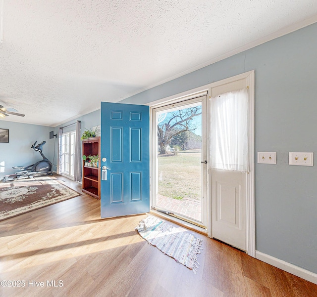 foyer with ceiling fan, wood-type flooring, and a textured ceiling