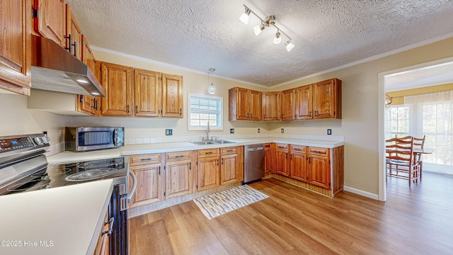 kitchen with light wood-type flooring, a textured ceiling, stainless steel appliances, crown molding, and sink