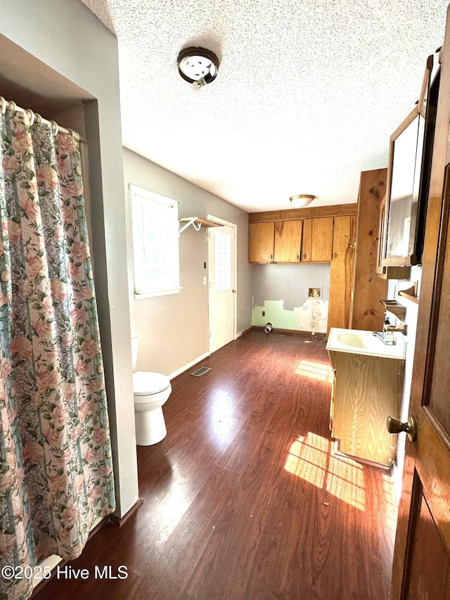 bathroom featuring vanity, hardwood / wood-style floors, a textured ceiling, and toilet