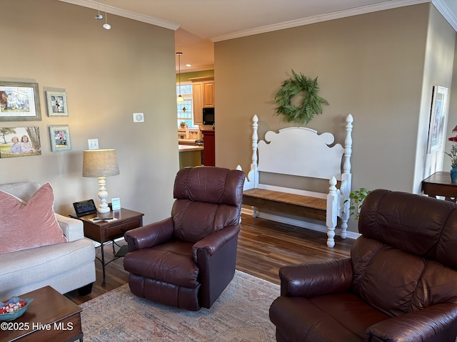 living room featuring crown molding and dark hardwood / wood-style floors