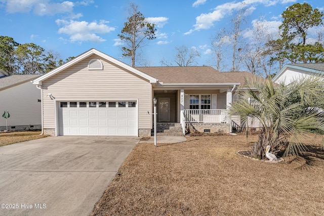 ranch-style house with a porch and a garage