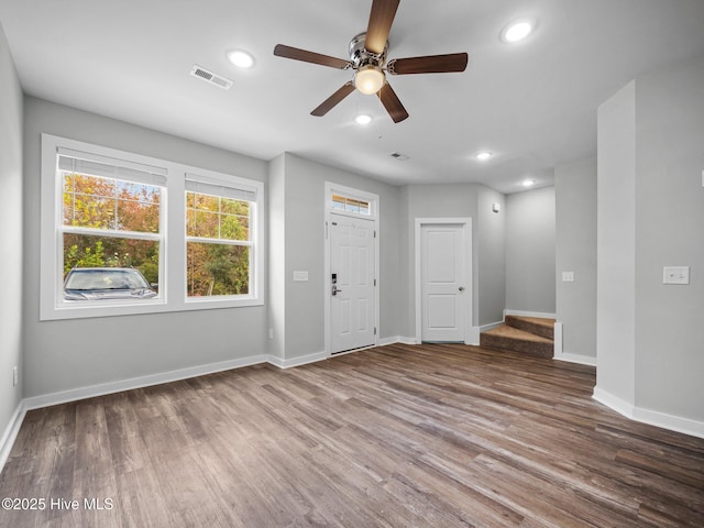 entrance foyer with ceiling fan and hardwood / wood-style floors