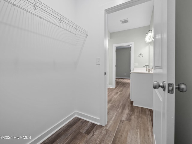 walk in closet with hardwood / wood-style floors